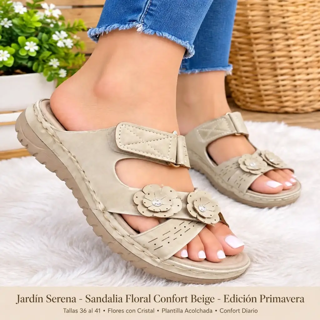 Sandalia Floral Confort Beige