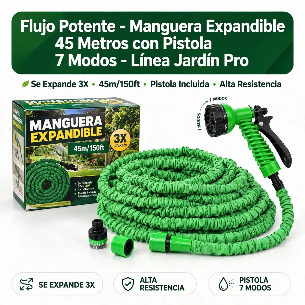 Manguera Expandible 45 Metros con Pistola 7 Modos